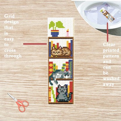 FREEBLOSS 6 Set Cross Stitch Bookmark Kits Cat and Books Bookmarks DIY Stamped Embroidery Bookmark Kit for Beginner Cross Stitch Kit DIY Embroidery Bookmarks Crossstitch Projects for Book Lovers