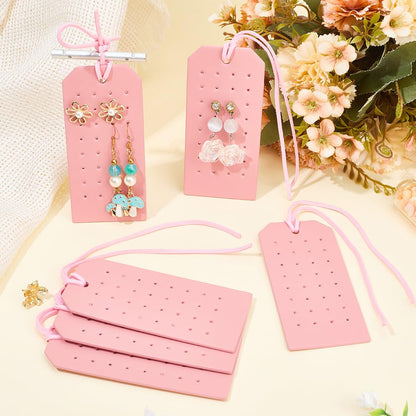 CALFOVERA 6Pcs Rectangle Pierced Stud Display Cards 32 Holes Portable PU Leather Earring Holders 4.3x2.2 Inch Earring Organizer Hanging Case with Cord for Women Travel Jewlery Storage (Pink)
