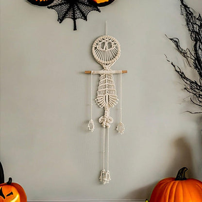 VIVIANYO HD Boho Macrame Wall Hanging Halloween Decorations Human Skeleton Tapestry 42 Inch Body Cute Skull Decoration Handmade Woven Fabric Wall Decor for Dorm Bedroom Living Room (White)