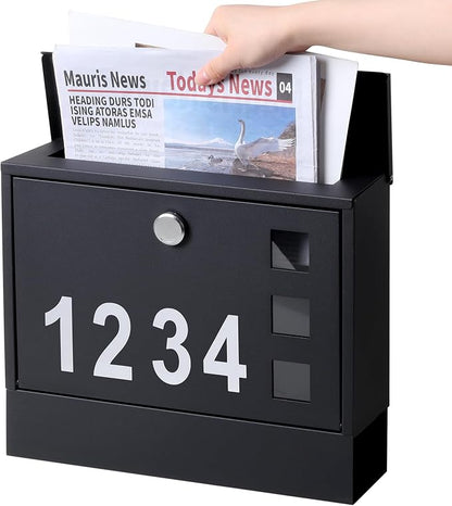 Locking Mailbox Wall Mount for Outside– Jssmst Mailboxes with Number and Key Lock for Front Door Fence, Large Capacity Letter Box, 14.3 x 4.1 x 11.8 Inch, Black