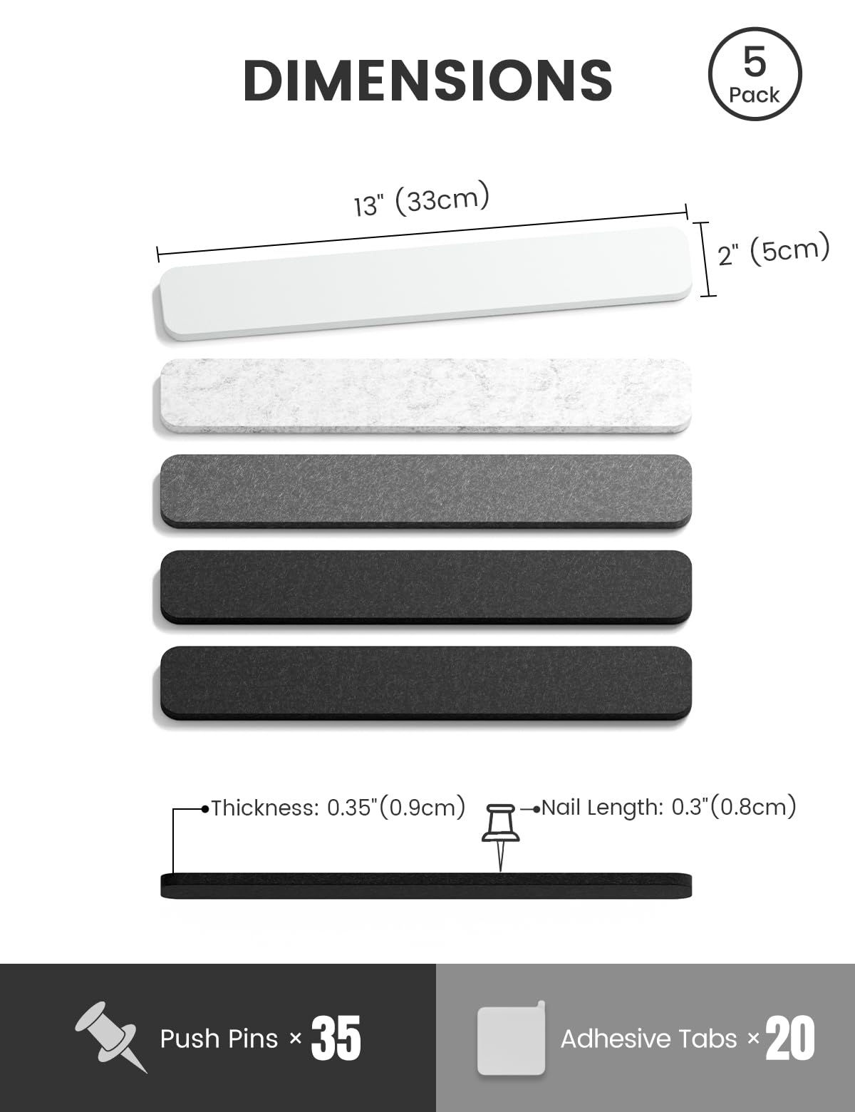 Fluxynara Cork Board Alternative Felt Strip Board 5-Pack 13"x2", Office Pin Board with 35 Push Pins, Adhesive Install for Bedroom Door & Home Office (Concrete Echo)