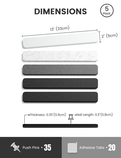 Fluxynara Cork Board Alternative Felt Strip Board 5-Pack 13"x2", Office Pin Board with 35 Push Pins, Adhesive Install for Bedroom Door & Home Office (Concrete Echo)