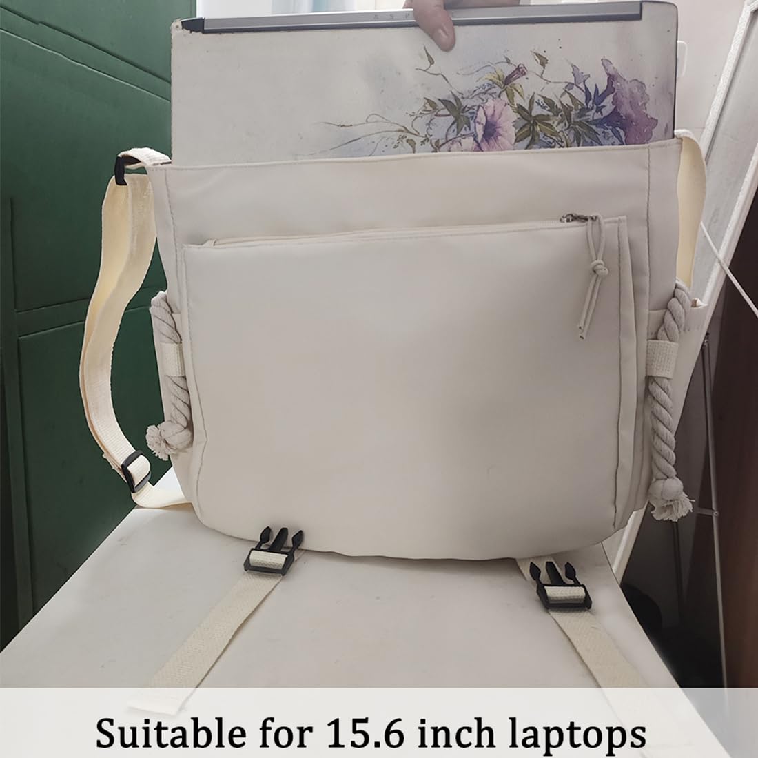 Aesthetic Crossbody laptop Bag, 15.6 Inch laptop messenger bag for women men, Cute Shoulder Bag with Cute Pins and Ornament Black