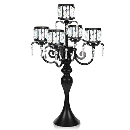 kolnlala 1PC Black 5-Arm Crystal Pendant Metal Candle Holder with Square Crystal Bowl, 22-Inch Tall Wedding Table Centerpiece for Holiday Party Events, Christmas, Birthday Decorations
