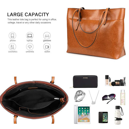 Kattee Vintage Genuine Leather Tote Shoulder Bag for Women Satchel Handbag with Top Handles (Light Brown)