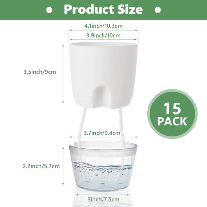 JMIATRY 15PCS Self Watering Pots 4 Inch Self Watering Planters for Indoor Plants Plastic 4 Inch Self Waterings Pots for Indoor Plant Small Self Waterings Pot with Transparent Water Reservoir, White