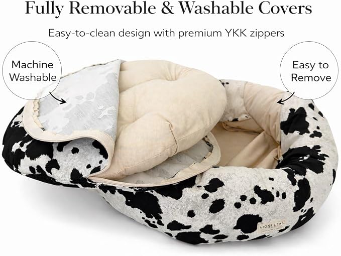 Round Dog Bed – Natural Canvas, Removable Washable Cover, Raw Cotton or Latex Fill, Hypoallergenic Non-Toxic, Made in USA (Cow Print Black White, Medium, Soft Comfort – Organic Latex)