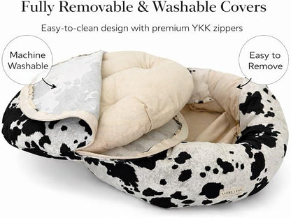 Round Dog Bed – Natural Canvas, Removable Washable Cover, Raw Cotton or Latex Fill, Hypoallergenic Non-Toxic, Made in USA (Cow Print Black White, X-Small, Firm Support – Raw Cotton)