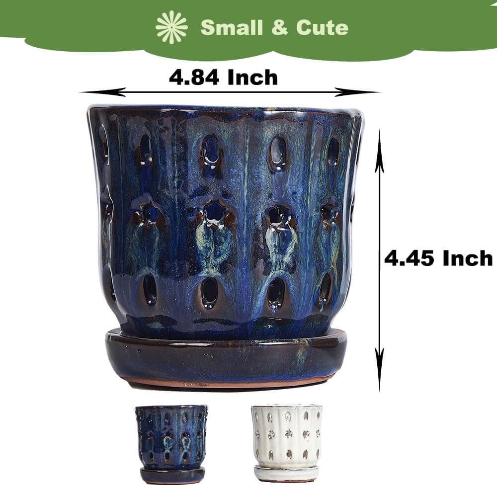 NiSevenLiving Orchid Pots with Holes Attached Saucers 5 Inches - 2 Pcs Small Ceramic Pots for Repotting, Decorative Ceramic Orchid Planter with Hole for Healthy Root Growth (White and Blue)