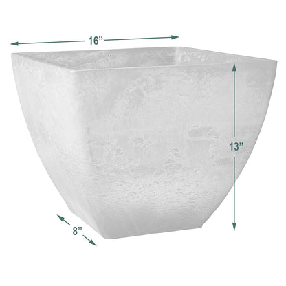 PSW Pot Collection 16x13 inch Plastic/Stone/Wood Composite Square Planter – No Drainage Hole (Drillable), Modern Indoor/Outer Pot for Flowers, Foliage, Succulents, Fairy Gardens, Cement Color