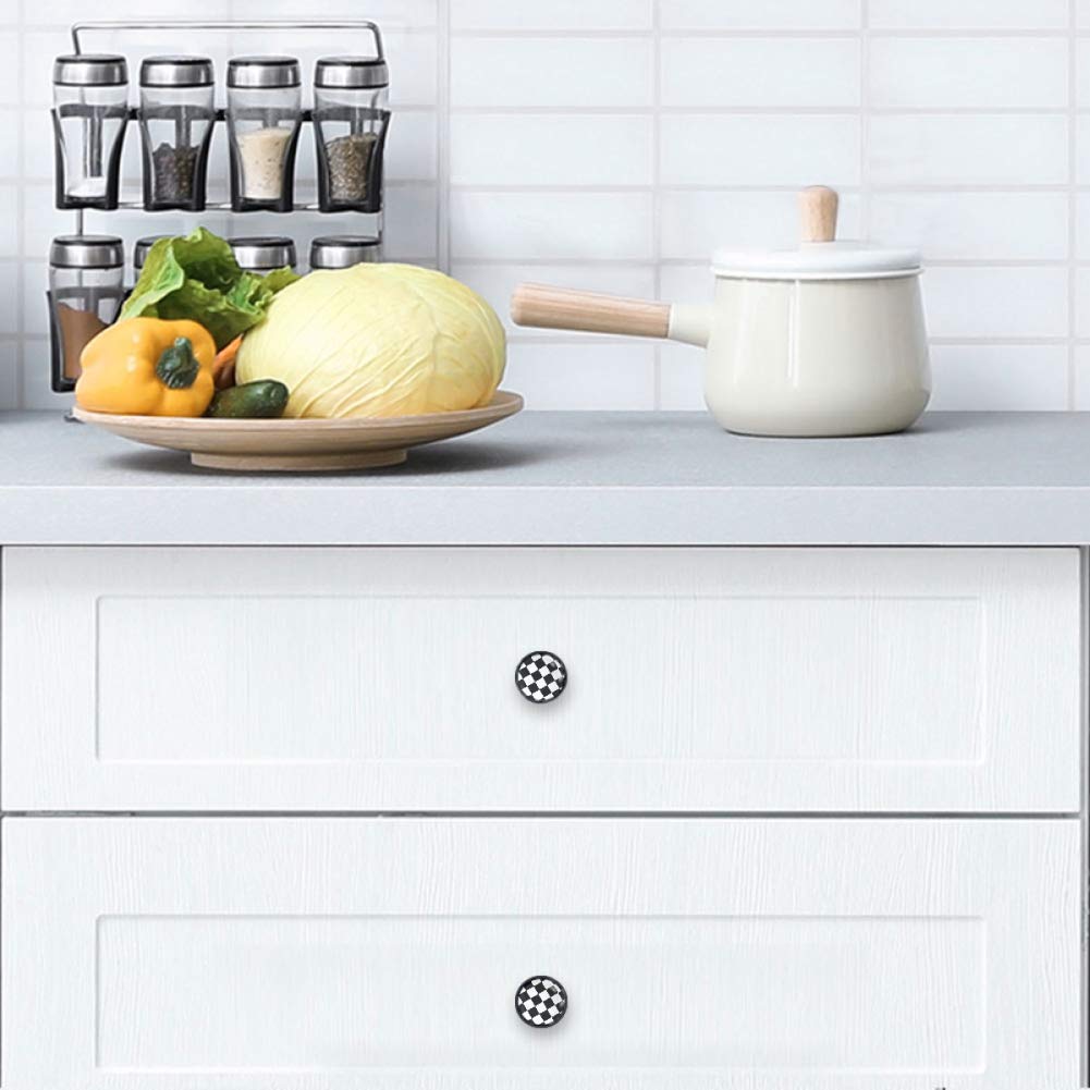 4 Pcs 35mm Cabinet Knobs Black and White Checkered Round Furniture Drawer Handles Dresser Cupboard Pulls with Screws for Home, Kitchen, Bathroom (1-3/8 Inches)