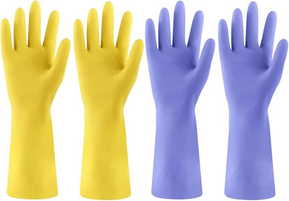 Rubber Kitchen Dishwashing Gloves - 4 Pairs Colorful Reusable Cleaning Gloves for Kitchen Washing Dishes and Household Cleaning (Medium, Yellow+Blue)