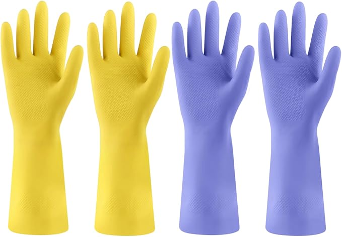 Rubber Kitchen Dishwashing Gloves - 4 Pairs Colorful Reusable Cleaning Gloves for Kitchen Washing Dishes and Household Cleaning(XL, Yellow+Blue)