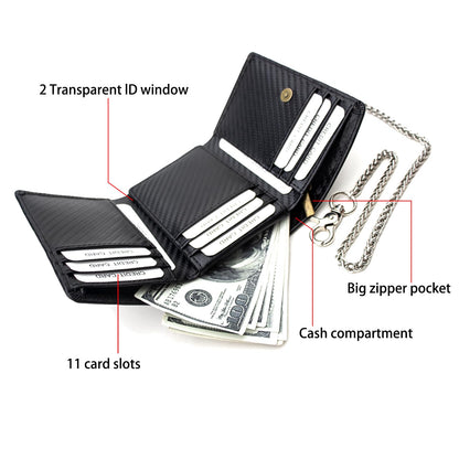 boshiho Real Leather RFID Blocking Bifold Wallets for Men Double Zipper Coin Pocket Purse with Anti-Theft Chain (#01 black)