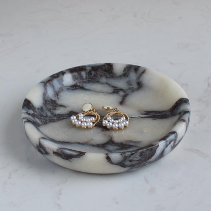 Nawgnail Natural Travertine Marble Jewelry Dish 5.5", Trinket Dish for Ring Earring, Gift for Woman Daugther(Calacatta Viola)