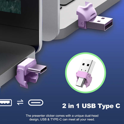 QUI 2 Pack Presentation Clicker, Hyperlink Volume Control Wireless Presenter, RF 2.4GHz USB Presentation Remote Control,PowerPoint Clicker Slide Advancer for Computer, Laptop, Mac (USB Type-c, Purple)