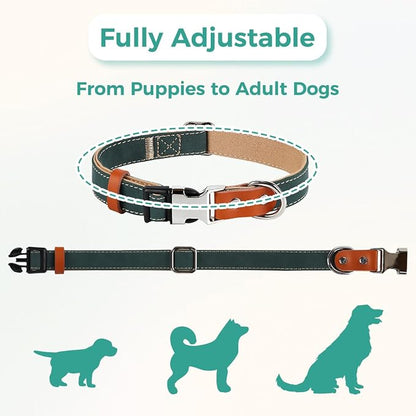 Dog Collar and Leash Set, PU Leather Dog Collar – Adjustable Eco-Friendly with Genuine Leather & Hemp, Soft Breathable Dog Collar Set for Small to Large Dogs (Green, L（15“-21”）)