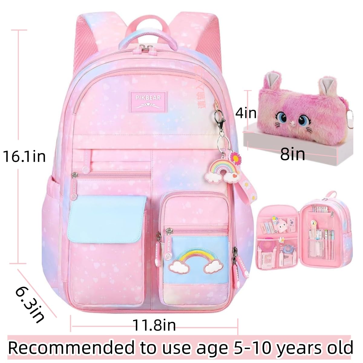 kistou Girls Backpack, School Backpacks Rainbow Student Backpa,Kawaii Kids Backpack,Book Bag for Elementary Primary School