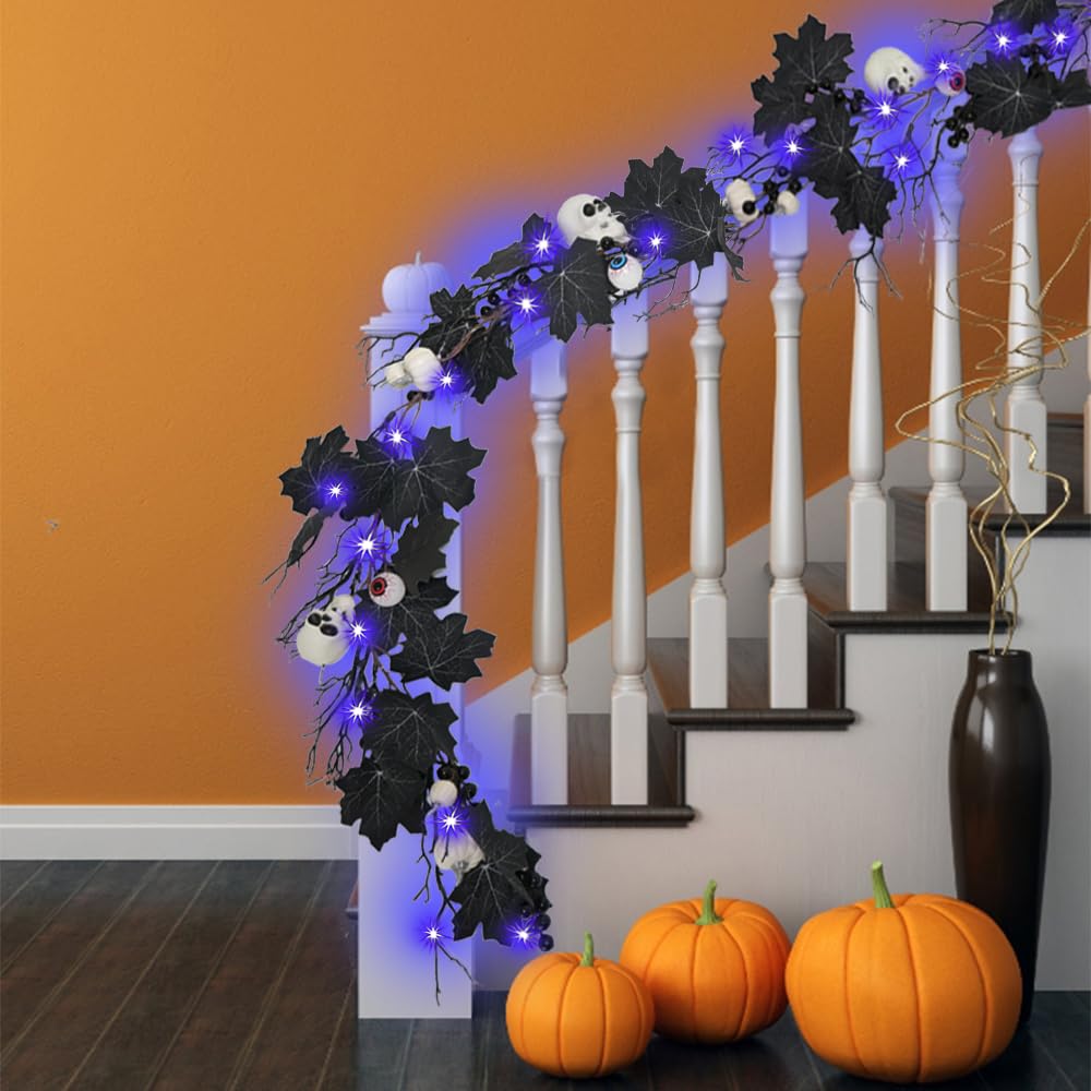 HamiFinee Halloween Garland Lights 6FT Battery Operated with Timer Pumpkins Eyeballs Skulls Berries Maple Leaves Dead Branch Black Garland for Fall Party Mantle Wall Home Indoor Halloween Decoration