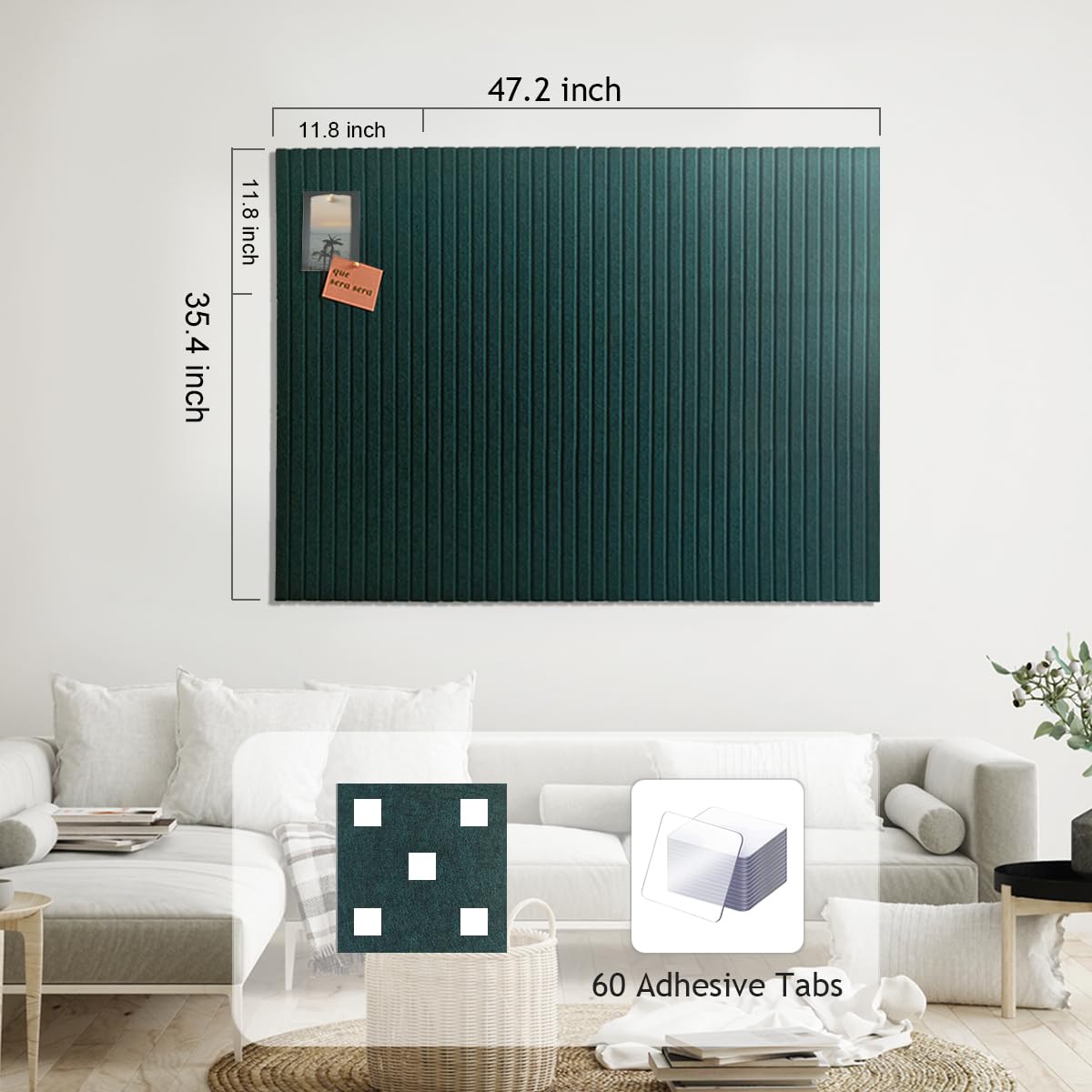 Large Cork Board for Office Decor, 48"x 36" - 1/2” Thick Felt Bulletin Board, 12 Pack Felt Board with Safe Removable Adhesive Tabs, Pin Board Cork Boards for Walls - Forest Green