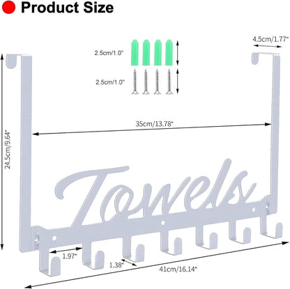 Azmoncy Over The Door Hooks, Towel Rack for Bathroom Towel Holder for Hanging Heavy Duty, Over Door Towel Hanger with 7 Coat Hooks for Bedroom Bathroom Kitchen Towels, Silver