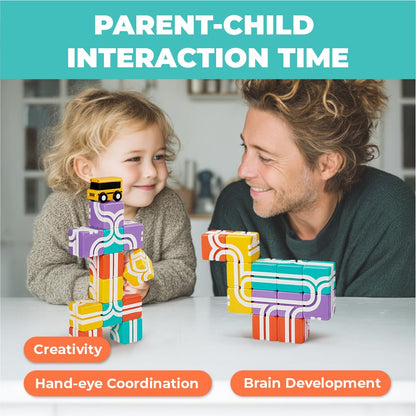 QBI Magnetic Blocks for Toddlers 1-3｜School Bus Toy Set with 12 Pastel Track Cubes｜STEM Montessori Educational Toys for 1 Year Old Boys & Girls｜Safe Large Building Bricks (13 Pieces Starter Pack)