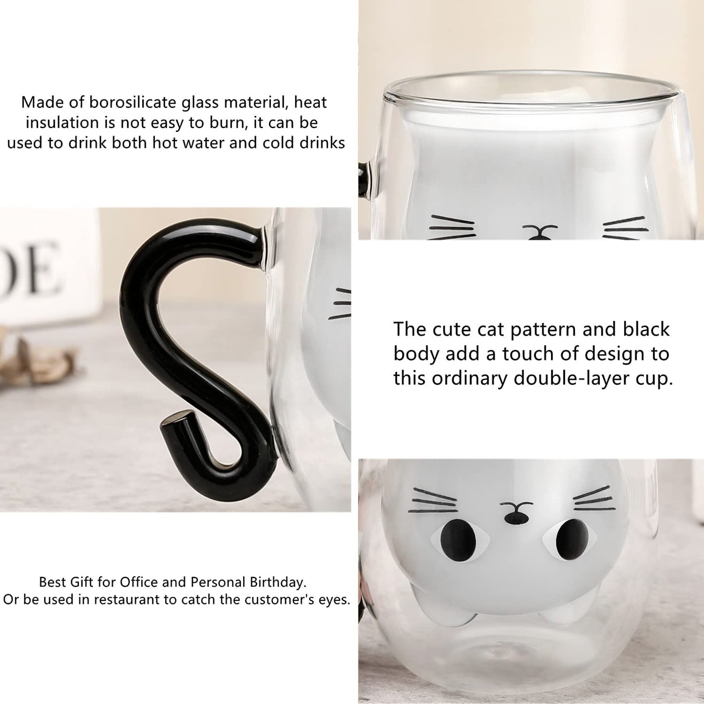 Phitihui Cat Mugs, Double Wall Glass Cute Coffee Tea Cup, Graduation Valentines Mothers Day Easter Halloween Christmas Gifts for Women Wife Mum Her Girl Teacher Friend, Birthday Present Idea