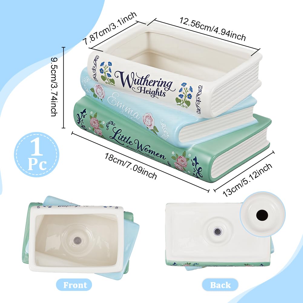 GLASSWINDS Book Planter, Unique Ceramic Book Vase for Flowers, Book-Shaped Decorative Planters, Cute Bookshelf Decor, Ceramic Planter Pot with Drainage Hole, Gifts for Books Lovers, Books Storage Box