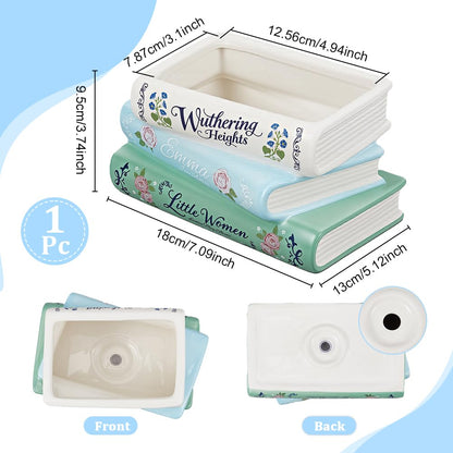 GLASSWINDS Book Planter, Unique Ceramic Book Vase for Flowers, Book-Shaped Decorative Planters, Cute Bookshelf Decor, Ceramic Planter Pot with Drainage Hole, Gifts for Books Lovers, Books Storage Box