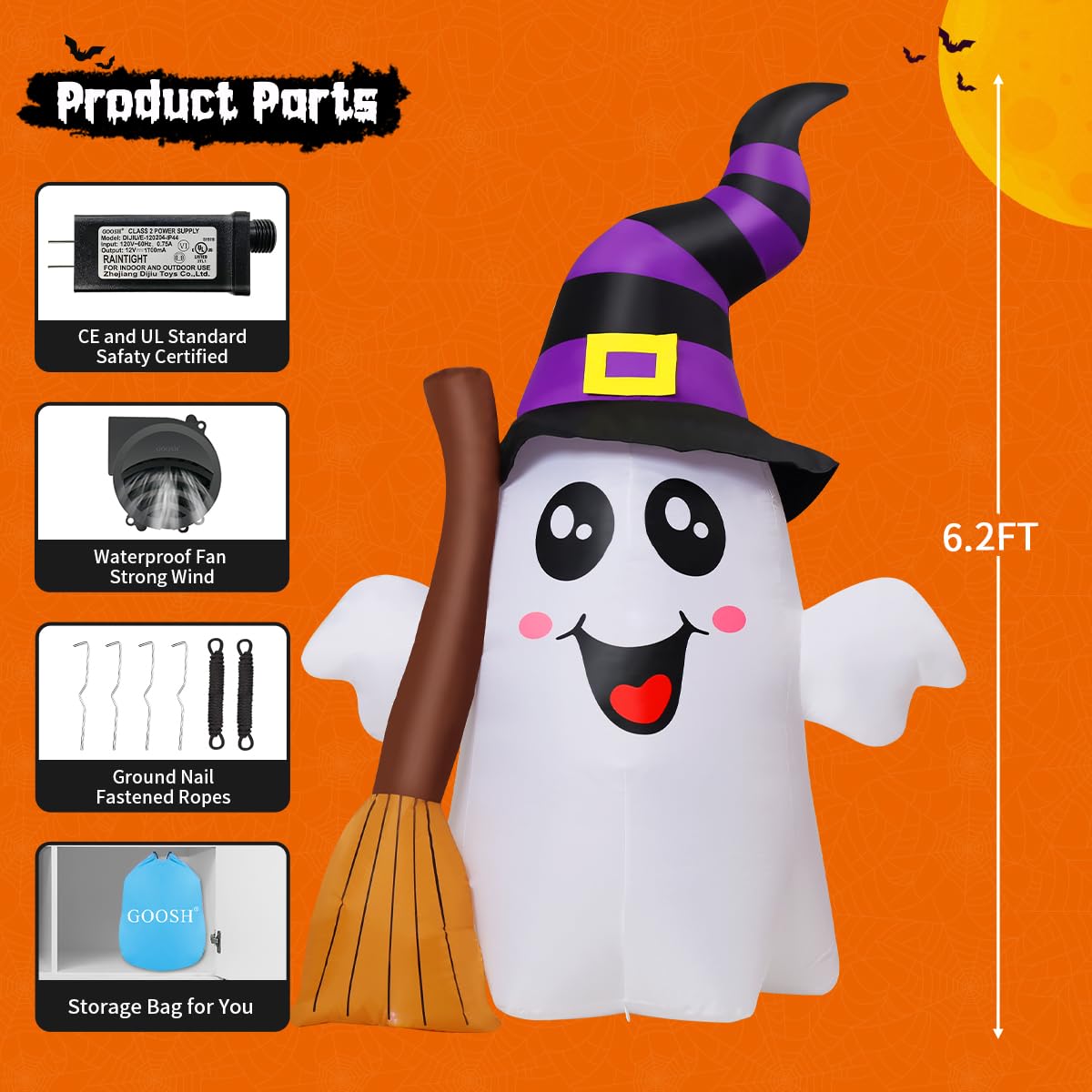 GOOSH 6.2 FT Halloween Inflatables Ghost Outdoor Decorations Blow Up Yard Cute Ghost Holding Broom with Built-in LEDs for Garden Lawn Indoor Party Decor