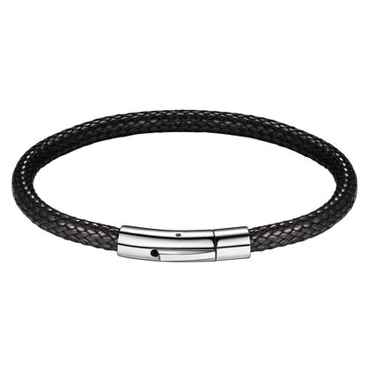 FOCALOOK Black Leather Bracelet for Men, Braided Wax Rope Bracelet with Stainless Steel Clasp Engraved Inspirational Wristband Fathers Day Gift for Him Husband Dad Friend 7inch(18cm)