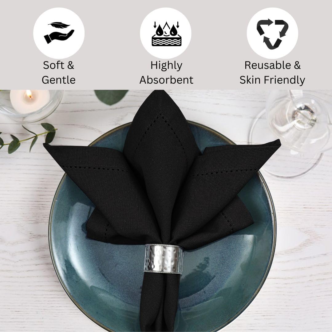DineNest Hemstitch Cloth Dinner Napkins 100% Cotton Set of 6 - for Dining Special Occasions Weddings Parties Holidays Easter - Soft Durable Reusable - 18x18 Inch Table Cloth Napkins Black