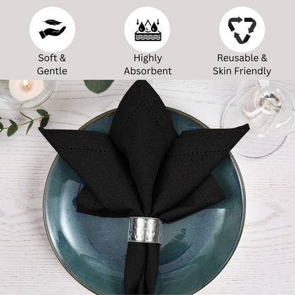 DineNest Hemstitch Cloth Dinner Napkins 100% Cotton Set of 6 - for Dining Special Occasions Weddings Parties Holidays Easter - Soft Durable Reusable - 18x18 Inch Table Cloth Napkins Black