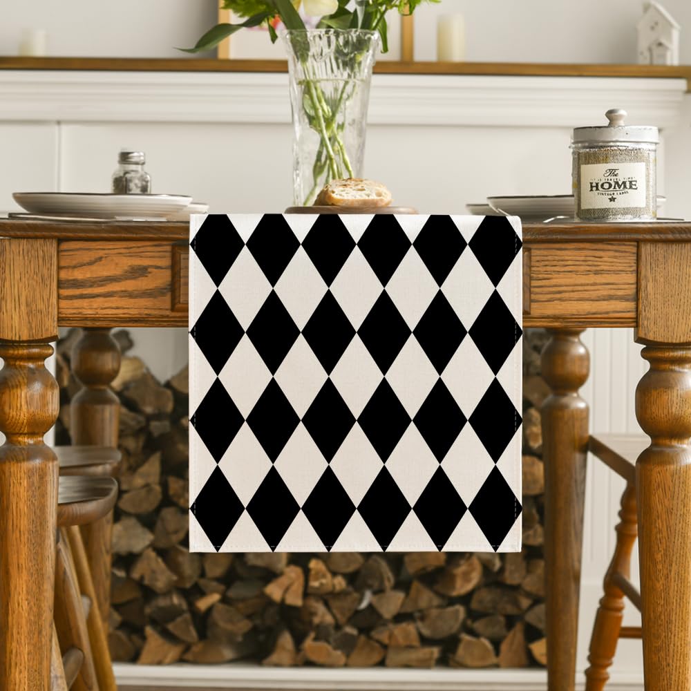 Artoid Mode Diamond Plaid Black Table Runner, Seasonal Halloween Party Kitchen Dining Table Decoration for Home Party Decor 13x90 Inch