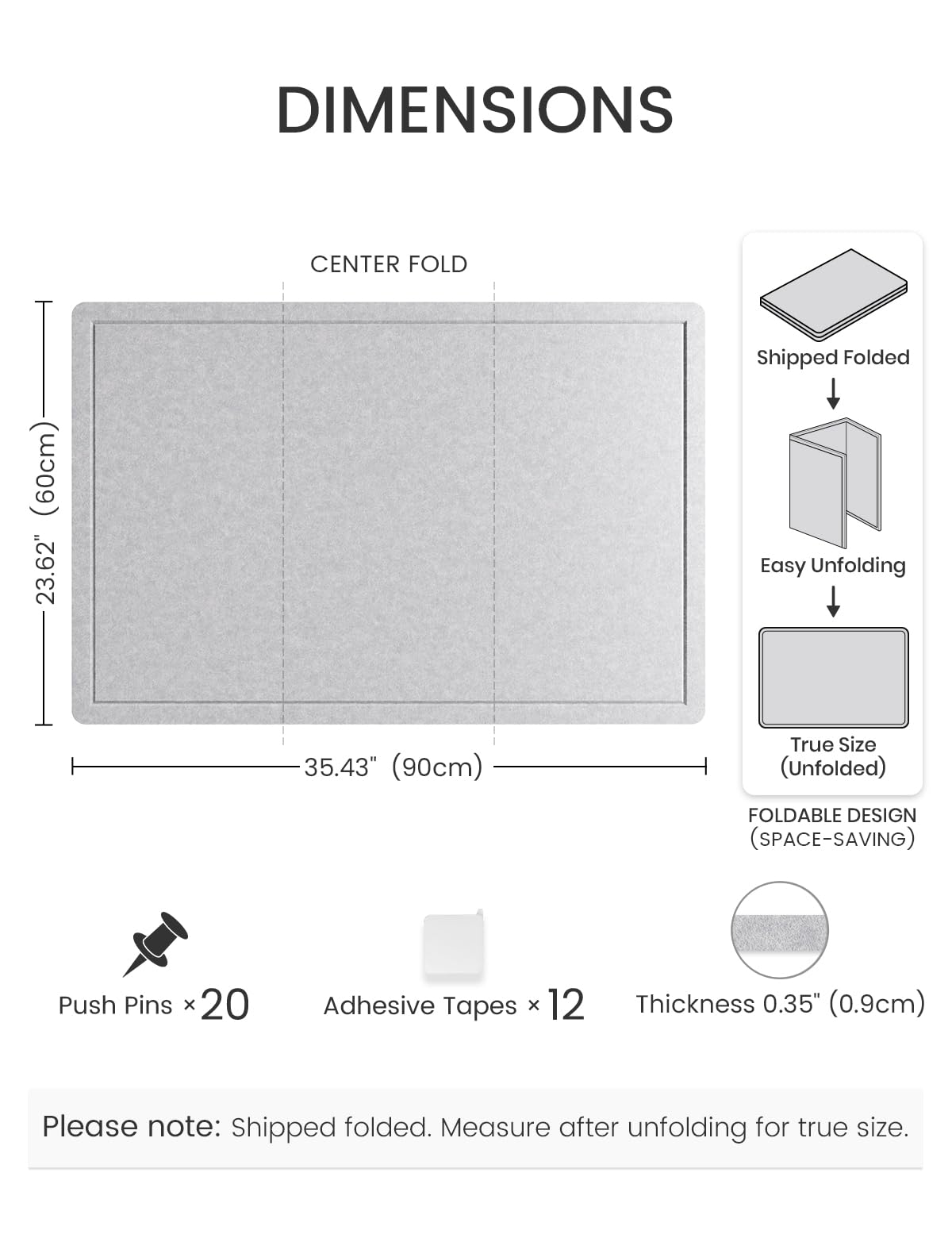 Fluxynara Bulletin Board,35.4" x 23.6" Cork Board Alternative with 12 Safe Removable Adhesive Tabs, Foldable Felt Pin Board for Home Office, Classroom, Bedroom,Entryway for Walls—Soft Gray