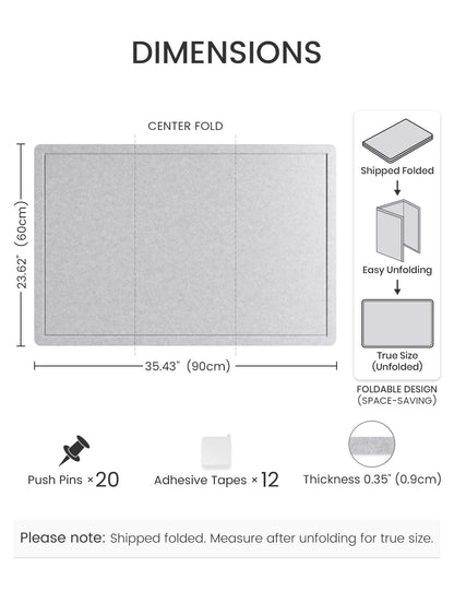 Fluxynara Bulletin Board,35.4" x 23.6" Cork Board Alternative with 12 Safe Removable Adhesive Tabs, Foldable Felt Pin Board for Home Office, Classroom, Bedroom,Entryway for Walls—Soft Gray