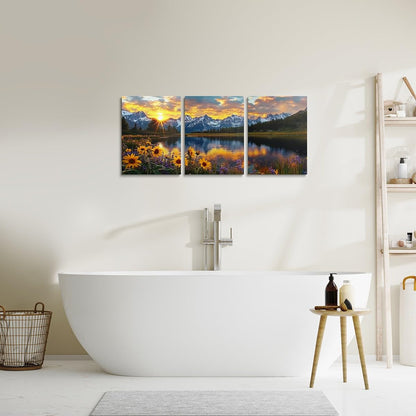 jejeloiu Mountain Lake Canvas Wall Art for Living Room Bedroom 12"x16"x3pcs Sunflower Floral Picture Wall Decor for Bathroom Natural Scenery Office Decorations Artwork Posters Sunrise Painting