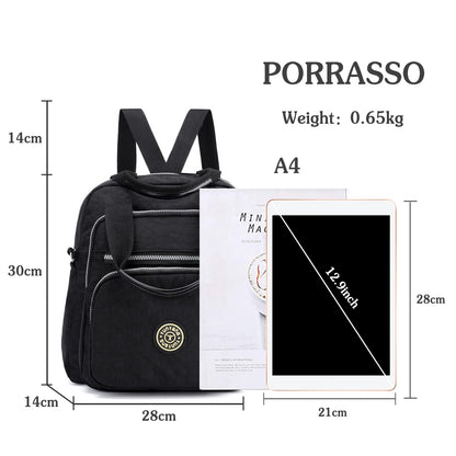 PORRASSO Casual Backpack Women Shoulder Bag Ladies Crossbody Bag Nylon Handbag Girl Daypack for Work Travel Daily Use, Black, L, Daypack Backpacks