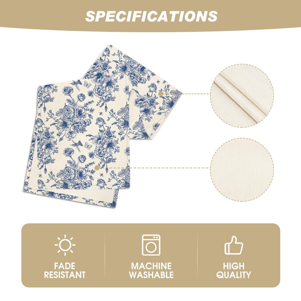 Artoid Mode Spring Navy Blue Floral Chinoiserie Table Runner, Seasonal Summer Kitchen Dining Table Decoration for Home Party Decor 13x90 Inch
