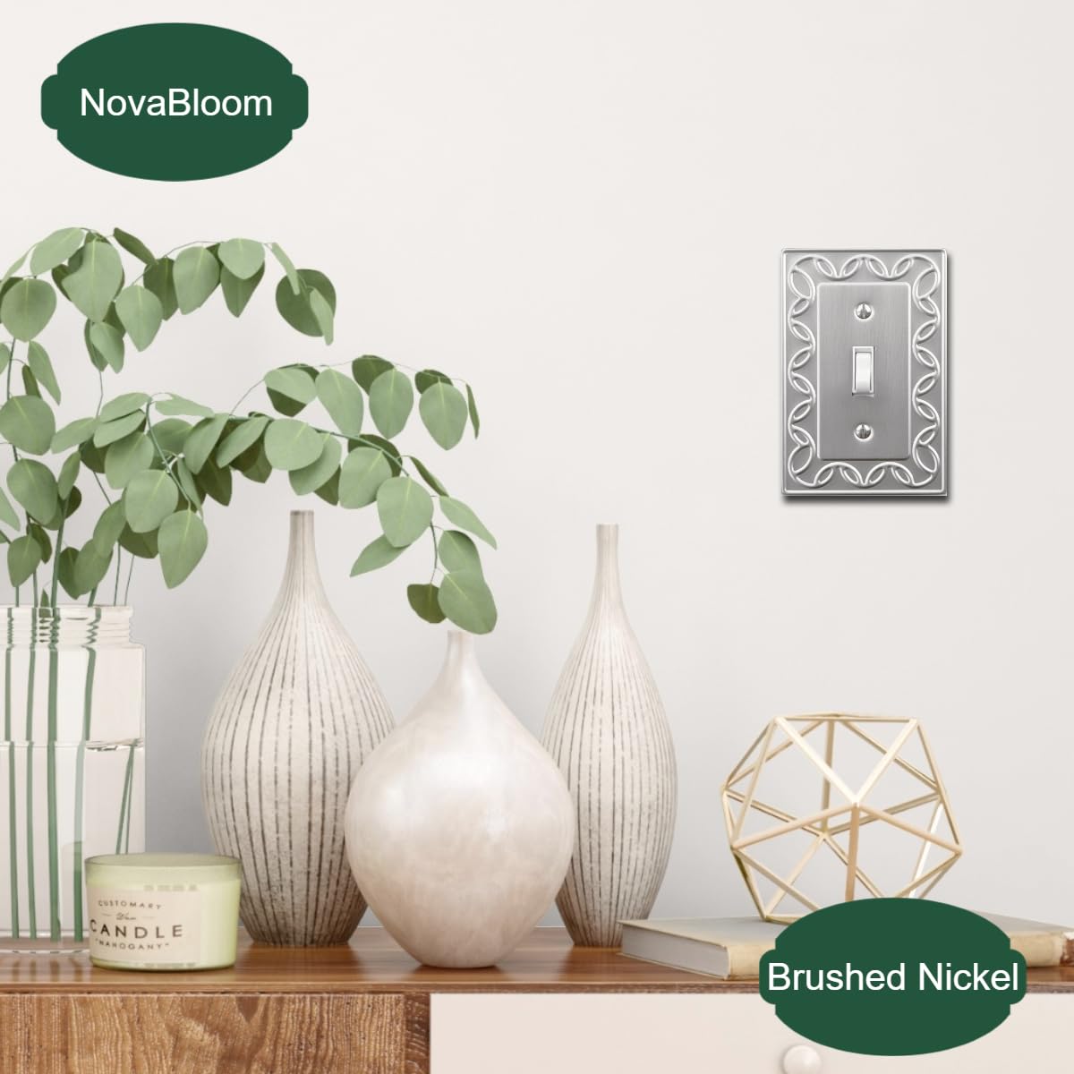 OKAWYC Single Toggle Light Switch Cover Plate, 4-Pack Brushed Nickel NovaBloom Metal Wall Plate 1 Gang, for Light Switch Cover, Switch Cover Decorative Wallplate, Durable