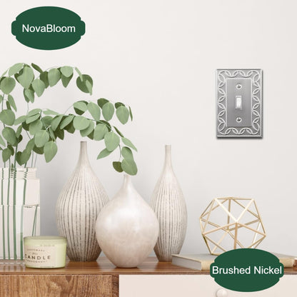 OKAWYC Single Toggle Light Switch Cover Plate, 4-Pack Brushed Nickel NovaBloom Metal Wall Plate 1 Gang, for Light Switch Cover, Switch Cover Decorative Wallplate, Durable
