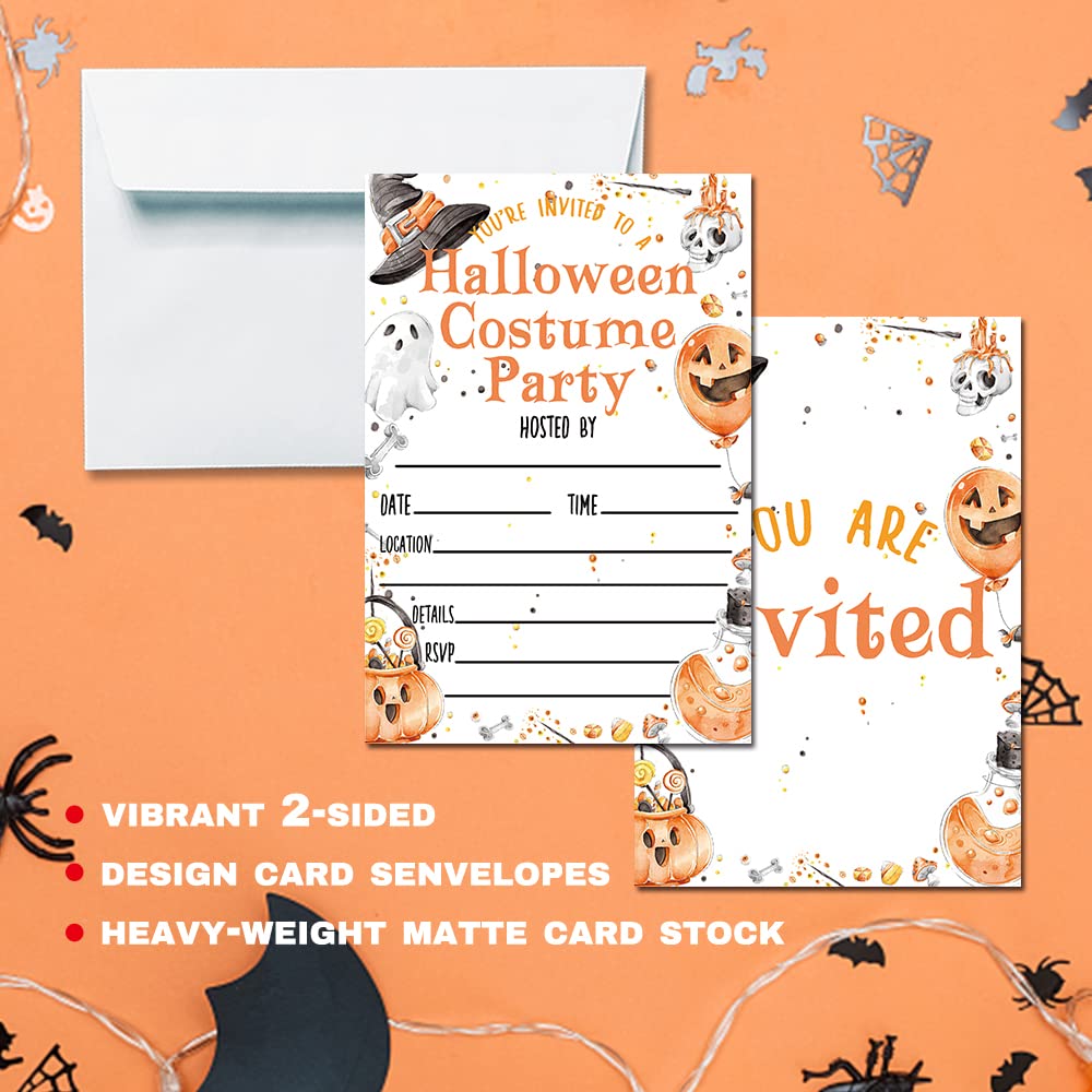 Deluxe Halloween or Costume Party Invitations, 25 Fill-in Cards with Envelopes, Pumpkin, Ghost, Monster, Cute Trick or Treat, Box or Treat for Kids Birthday or Adult party - 4"X6" (JRM338)
