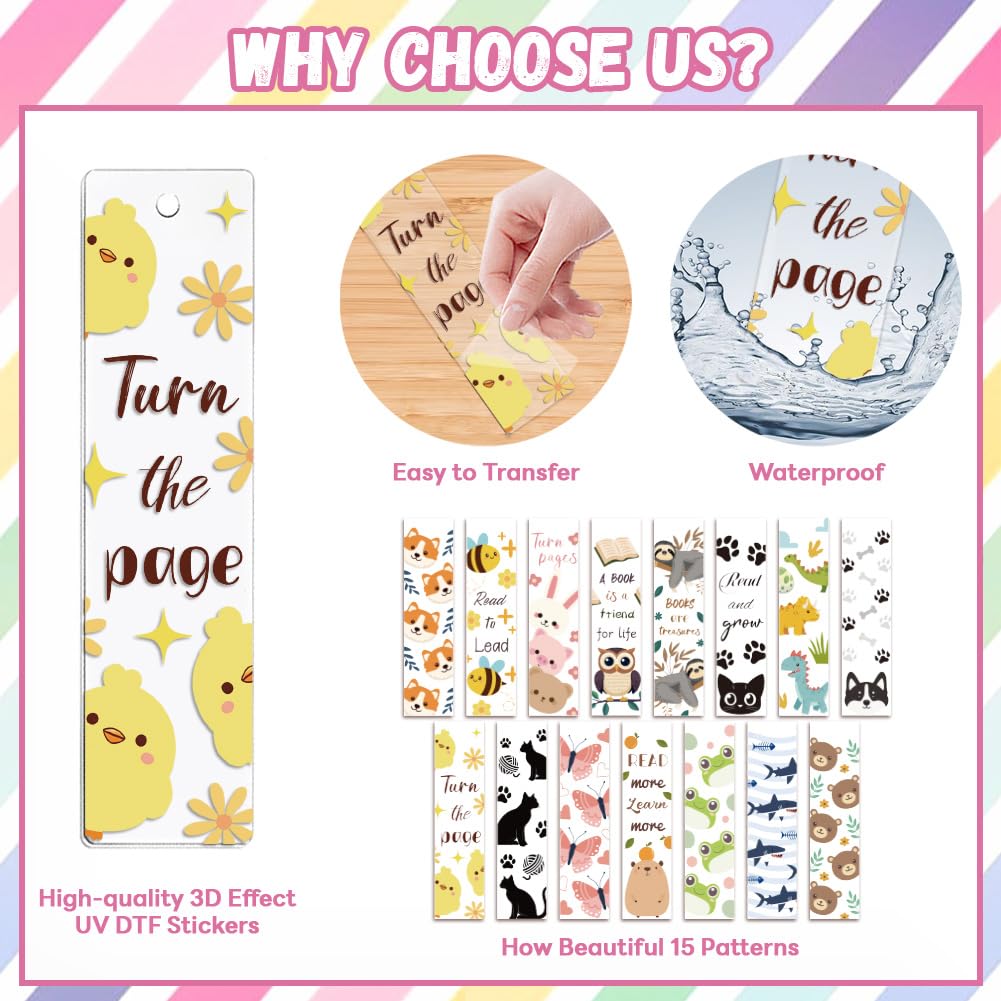 Peacoblue 30pcs UV DTF Bookmarks Transfer Stickers Wraps Cute Animals and Cartoons for Women Men Reading, Waterproof Bookmarkers Decal(No Blank Bookmarks) for Acrylic Plastic Metal Blank Bookmark