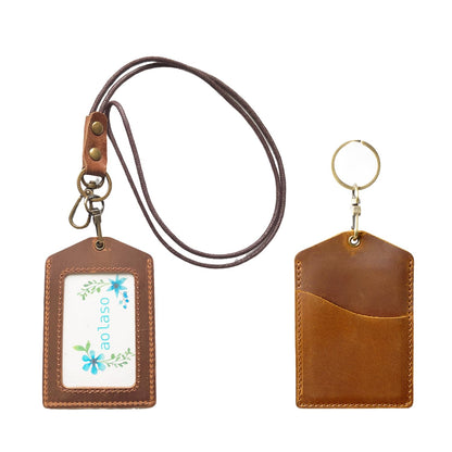 Badge Holder- Vertical Genuine Leather ID Badges Holder Durable Keychain ID Card Holder with Heavy Duty Neck Lanyard for Office, School, Conferences