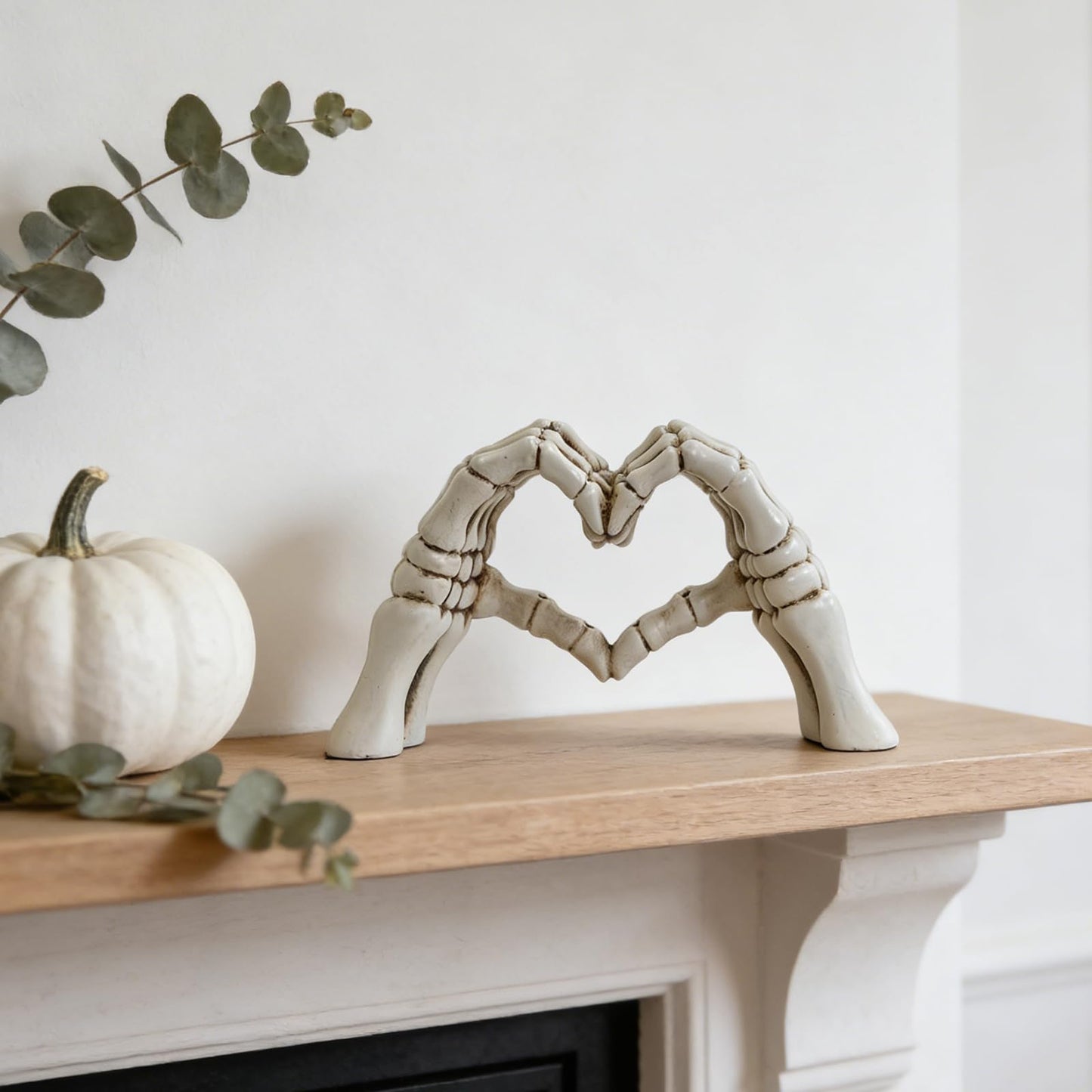 Skeleton Heart Hands Sculpture - 9.45" Gothic Home Decor, White Aesthetic Skeleton Hands Statue for Halloween, Dark Romance Heart Gesture Figurine for Shelf, Desk, Mantle, Macabre Wedding Decor
