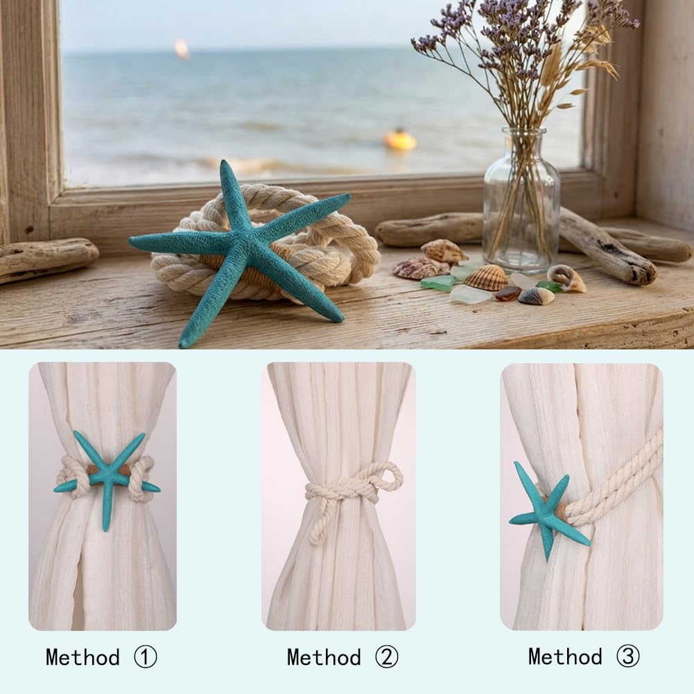 4PCS Starfish Curtain Tiebacks - Hand-Woven Rope Tiebacks for Indoor & Outdoor Decor, Perfect for Coastal Bedroom Curtains & Living Room Window Decor (Sea Blue)