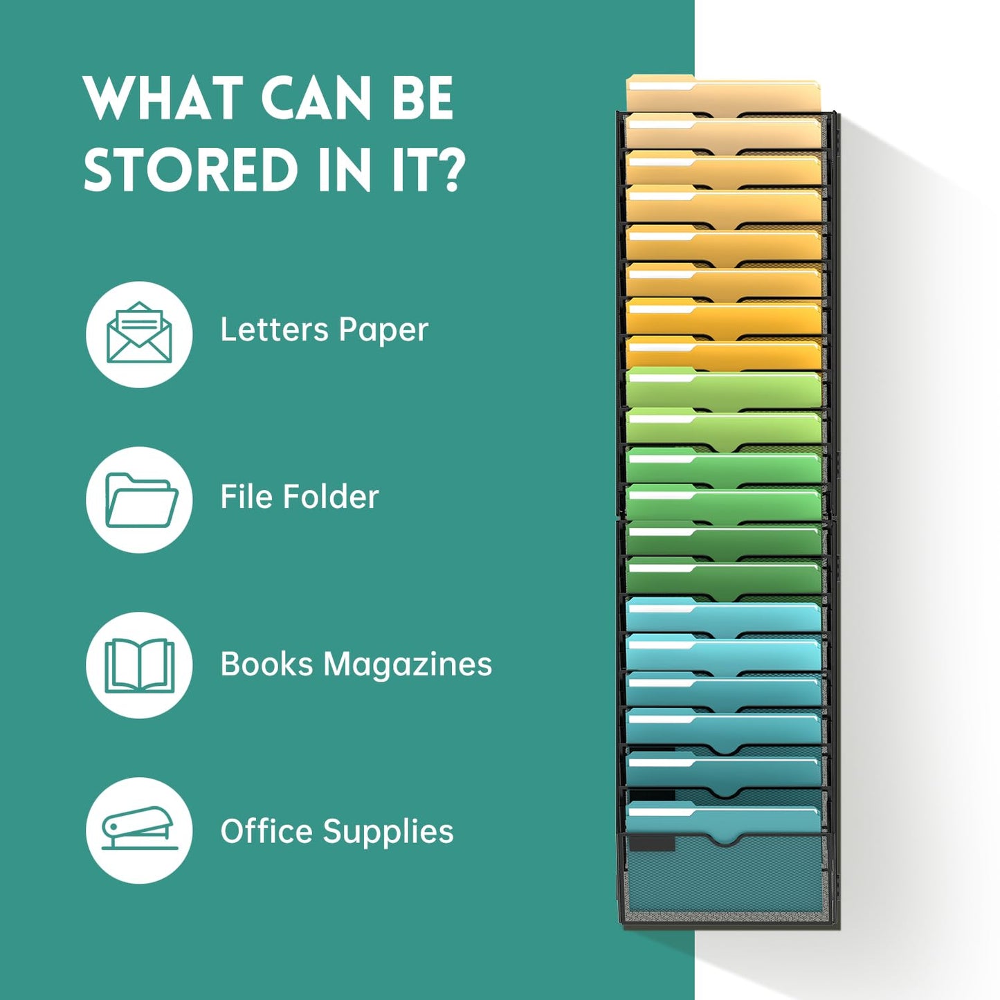 SUPEASY 20 Tier Wall File Organizer, Hanging Wall Mounted Mail Organizer with Label Slots, Metal Mesh File Holder Magazine Rack for Office, Home, School or Classroom, Black
