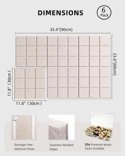 Large Felt Bulletin Board - 36" x 24" Self-Adhesive Felt Wall Tiles, Cork Boards Alternative, 6 Pack with 30 Wooden Push Pins, Cork Board for Walls, Office, Home & Classroom Decor, Pin Board - Oatmeal