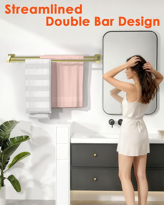 Alise Bath Double Towel Bars Towel Racks for Bathroom,Wall Mount Towel Holder Heavy Duty SUS304 Stainless Steel Towel Hanger Towel Rail,Gold,32 Inch