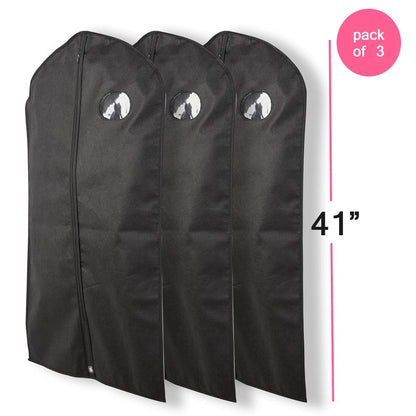 Pack of 3, 41 Inches Black Hanging Breathable Suit Garment Bags for Mens Closet,Jacket,Short Dress,Suit Travel, protector or Storage